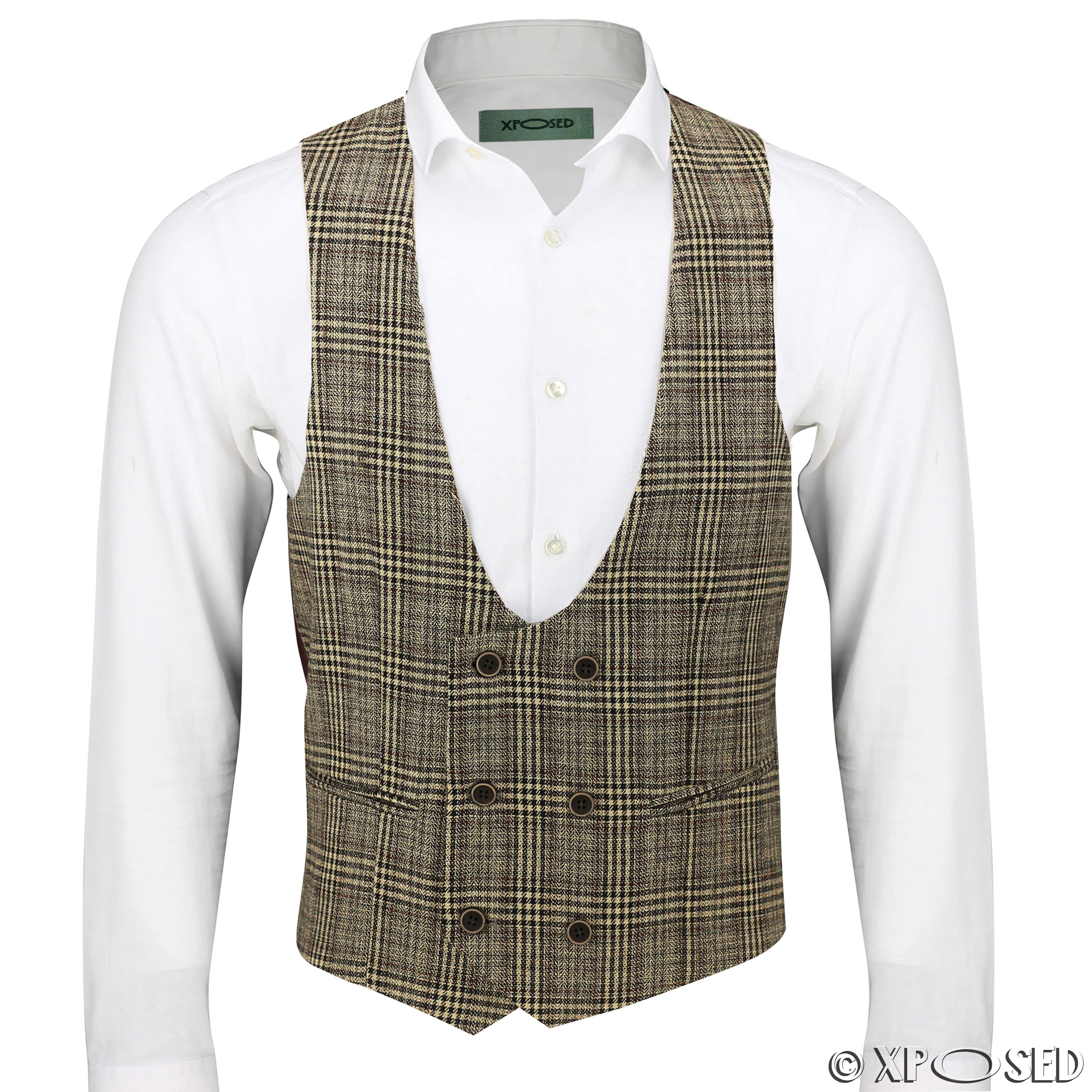 Mens Waistcoat Double Breasted U Cut Herringbone Tweed Check Velvet
